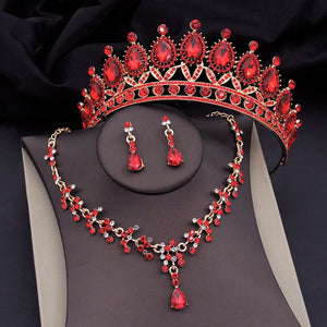 Red Crystal Crown Bride Wedding Choker Necklace Sets for Women Bridal Tiaras Jewelry Sets Costume Accessories