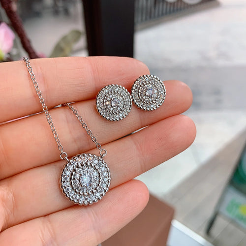 925 Silver Needle Gold Earrings  Women Pendant Necklace Clavicle Chain Jewelry Set x07