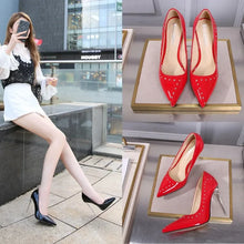 Load image into Gallery viewer, Glossy Patent Leather Rivets Slim Heels Ultra-high Heels Shallow Mouthed Pointed  Nightclub Oversized Women&#39;s Sexy Singles Shoes