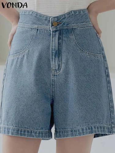 VONDA Elegant Women Shorts 2024 Summer High Waist Denim Pants Buttons Pockets Casual Solid Color Shorts Loose Streetwear Pants