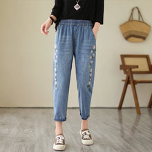 Carica l&#39;immagine nel visualizzatore di Gallery, Spring Summer New Vintage Embroidery Fashion Floral Denim Pants Female Clothing Elastic High Waist