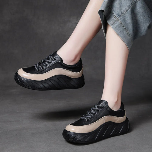 Women Genuine Leather Flats Round Toe Lace-Up Casual Flat Sneakers