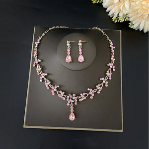Gold Color Pink Crystal Bridal Jewelry Sets for Women Fashion Tiaras Earrings Necklace Crown