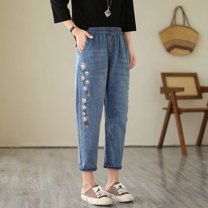Spring Summer New Vintage Embroidery Fashion Floral Denim Pants Female Clothing Elastic High Waist