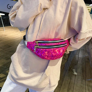Holographic Fanny Pack Hologram Waist Bag Laser PU Leather Travel Banana Hip Bum Zip Waist Bags