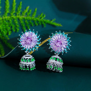 Purple Green Cubic Zirconia Flower Earrings Women Long Dangle Drop Bell Earrings z01