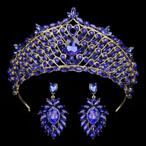Baroque Purple Crystal Wedding Tiara Crown With Earrings Set Rhinestone Hair Jewelry b10