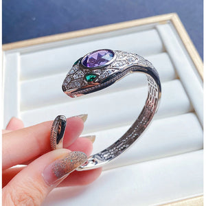 Luxury Silver Color Snake Shape Bracelets for Women Fashion Inlaid Amethyst Opening Cuff Bangles x68