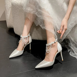 Luxury Wedding Dress Hollow Straight Line with Tassel Chain High Heel Shoes Thin Heel Dress Bridal Sandals for Banquets
