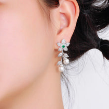 画像をギャラリービューアに読み込む, Chic Flower Leaf Shape Earrings Cubic Zirconia Pave Long Dangle Drop Pearl Earrings b101