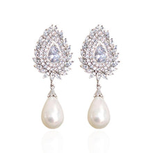 Charger l&#39;image dans la galerie, Fashion Women Imitation Pearl Earrings Full Paved Bling White CZ Wedding Jewelry he28 - www.eufashionbags.com