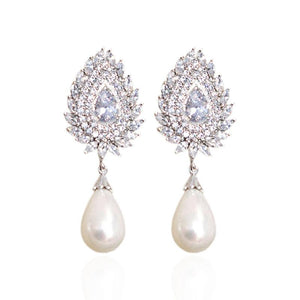 Fashion Women Imitation Pearl Earrings Full Paved Bling White CZ Wedding Jewelry he28 - www.eufashionbags.com