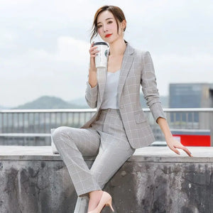 Plaid Splice Slim Fit Jacket Blazer Casual Wide Leg Pants Two Piece Women's Pants Suit Summer Office Business Set