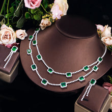 画像をギャラリービューアに読み込む, Luxury Green Square Cubic Zircon Wedding Jewelry Sets Double Layered Necklace Earrings z06