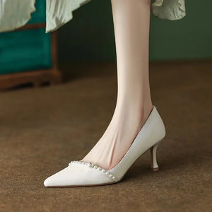 New Women's Pumps White Wedding Shoes High Heels Pointed Toe String Bead Boat Shoes Thin Heels Basic Pump Pearls