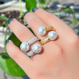 Adjustable Cubic Zirconia Paved Double Pearl Rings for Women cw43 - www.eufashionbags.com