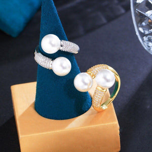 Adjustable Cubic Zirconia Paved Double Pearl Rings for Women cw43 - www.eufashionbags.com