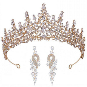 Baroque Crystal Bridal Crown With Earrings Rhinestone Pageant Diadem Princess Tiaras Headpiece bc86 - www.eufashionbags.com