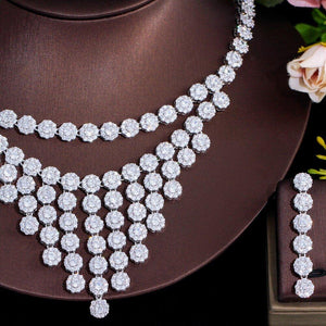 Bling Round Dangle Drop CZ Zirconia Tassel Wedding Necklace Earrings set cw05 - www.eufashionbags.com