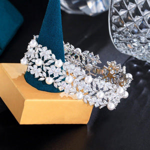 Chunky White Cluster Cubic Zircon Flower Bridal Pearl Bracelets for Women cw25 - www.eufashionbags.com