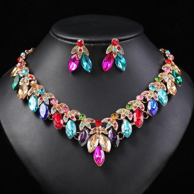 Colorful Crystal Water Drop Bridal Jewelry Sets for Women Rhinestone Earrings Necklace Set bj102 - www.eufashionbags.com
