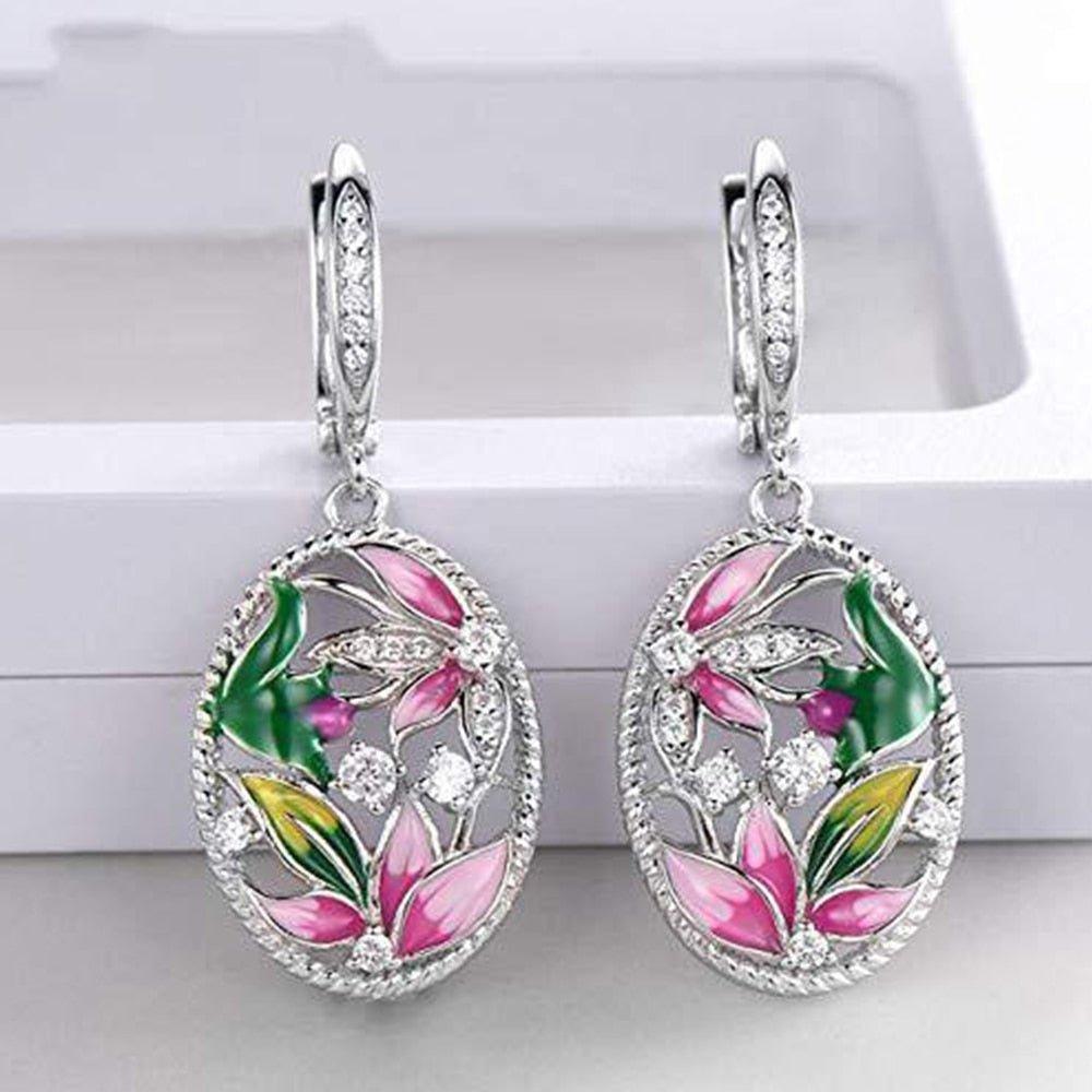 Colorful Floral Dangle Earrings for Women Aesthetic Bridal Earrings he179 - www.eufashionbags.com