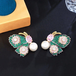 Cubic Zirconia Asymmetrical Butterfly Drop Pearl Earrings for Women ce32 - www.eufashionbags.com