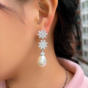 CWWZircons Chic Cubic Zirconia Cluster Flower Dangle Drop Long Pearl Earrings for Women Wedding Pageant Jewelry Accessory CZ632 - www.eufashionbags.com