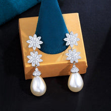 Charger l&#39;image dans la galerie, CWWZircons Chic Cubic Zirconia Cluster Flower Dangle Drop Long Pearl Earrings for Women Wedding Pageant Jewelry Accessory CZ632 - www.eufashionbags.com