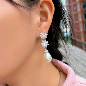 CWWZircons Chic Cubic Zirconia Cluster Flower Dangle Drop Long Pearl Earrings for Women Wedding Pageant Jewelry Accessory CZ632 - www.eufashionbags.com
