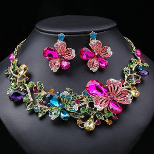 Fashion Colorful Crystal Leaf Bridal Jewelry Sets Rhinestone Choker Necklace Earrings set bj62 - www.eufashionbags.com