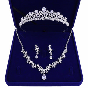 Fashion Crystal Leaf Bridal Jewelry Set Rhinestone Crown Tiaras Necklace Earrings Sets bj17 - www.eufashionbags.com